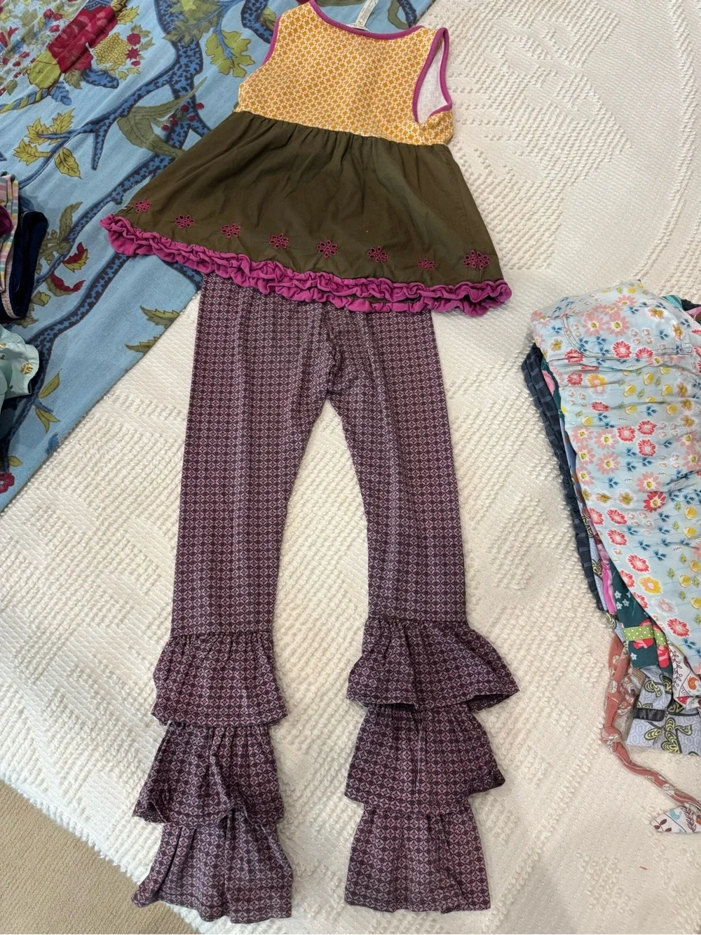 Matilda Jane Olive, Yellow & Plum Floral Ruffle Kids Matching Set